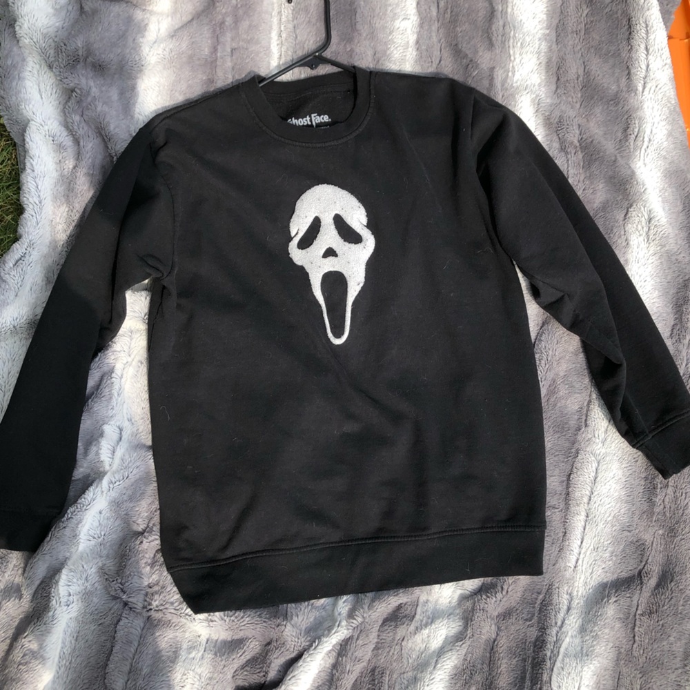 Black ghost face crew neck with terry cloth graphic